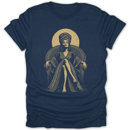 Illustration of a regal woman with a headwrap sitting on a throne.