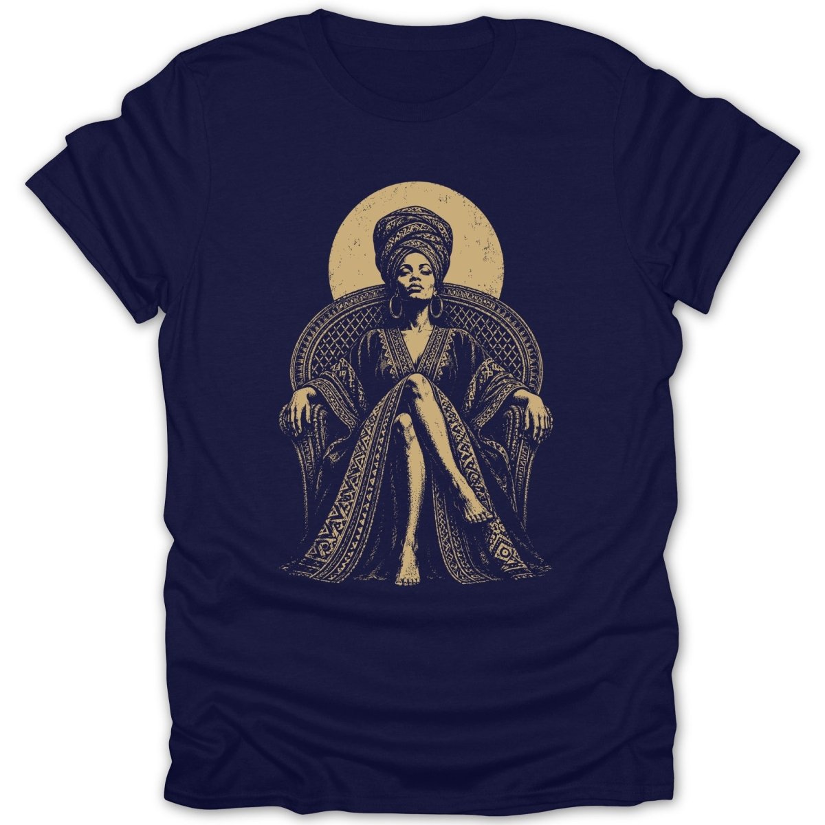 Golden illustration of a woman wearing a headwrap and patterned robe, sitting in a chair.
