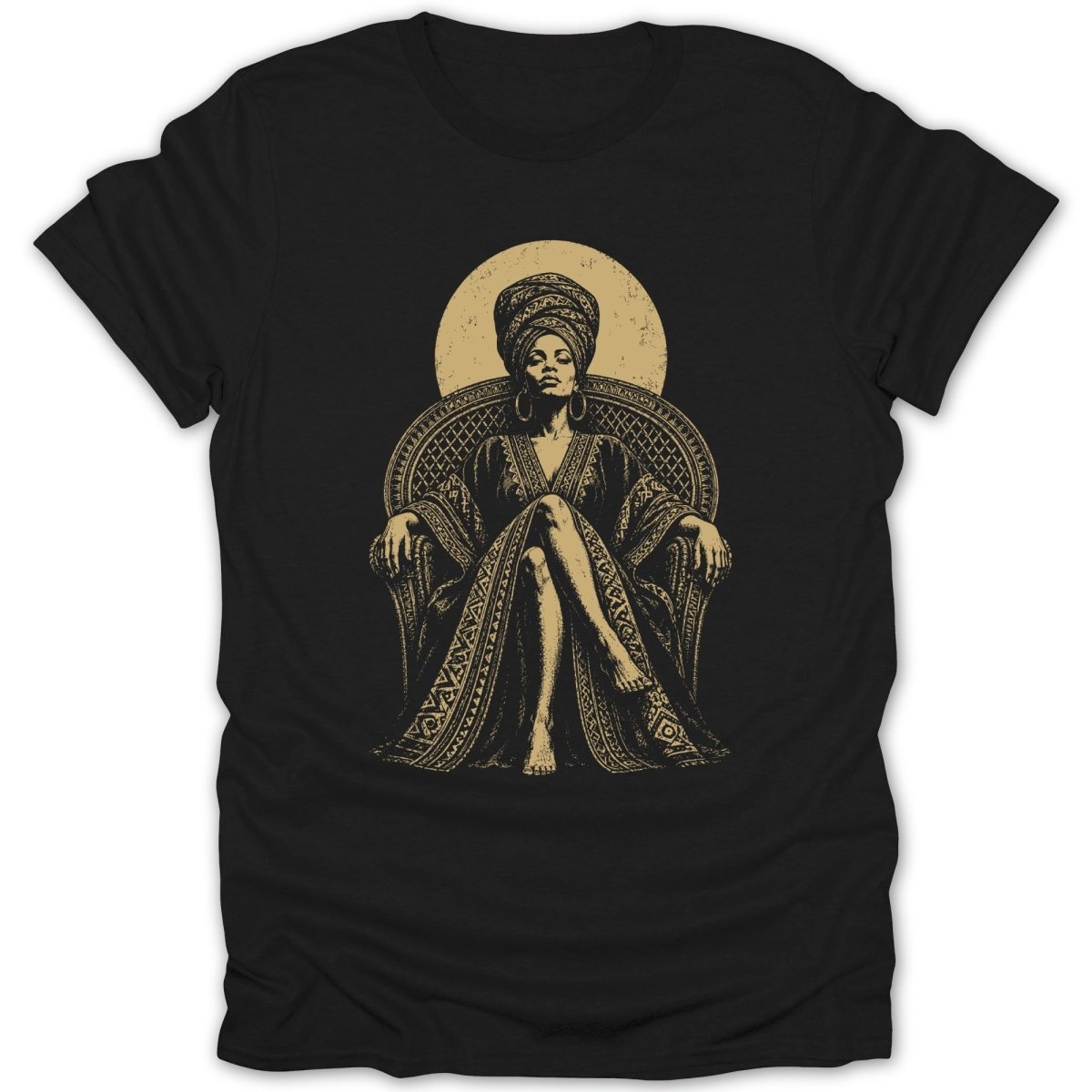 Illustration of a woman in a headwrap and ornate robe sitting in a chair.