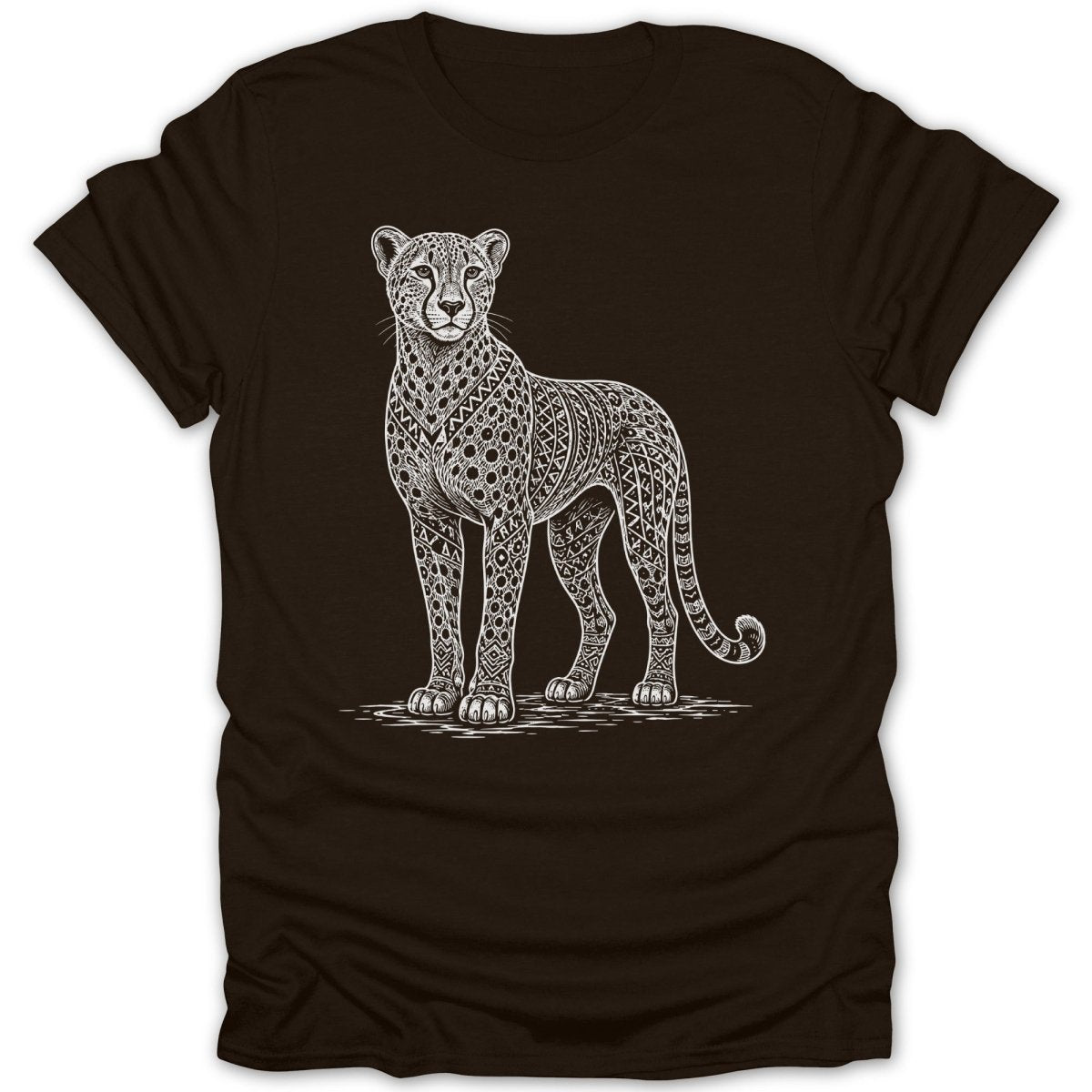 Cheetah with intricate geometric patterns on a dark brown t-shirt.