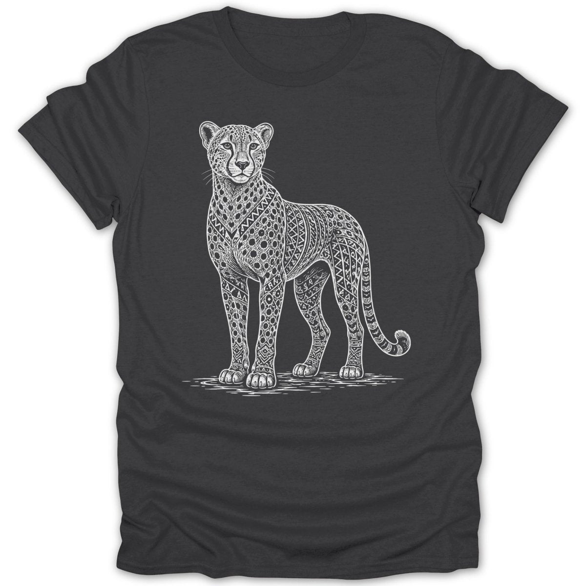 T-shirt with a white line drawing of a cheetah with intricate patterns.