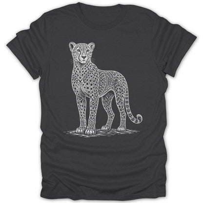 T-shirt with a white line drawing of a cheetah with intricate patterns.