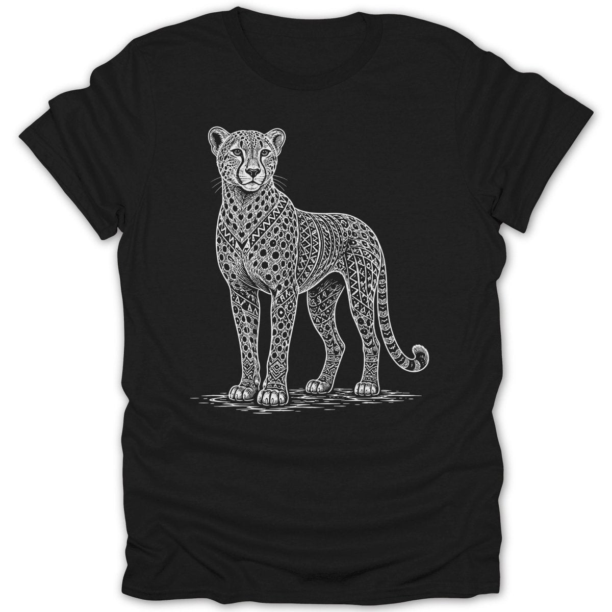 Black t-shirt with white line art of a cheetah covered in intricate geometric patterns.
