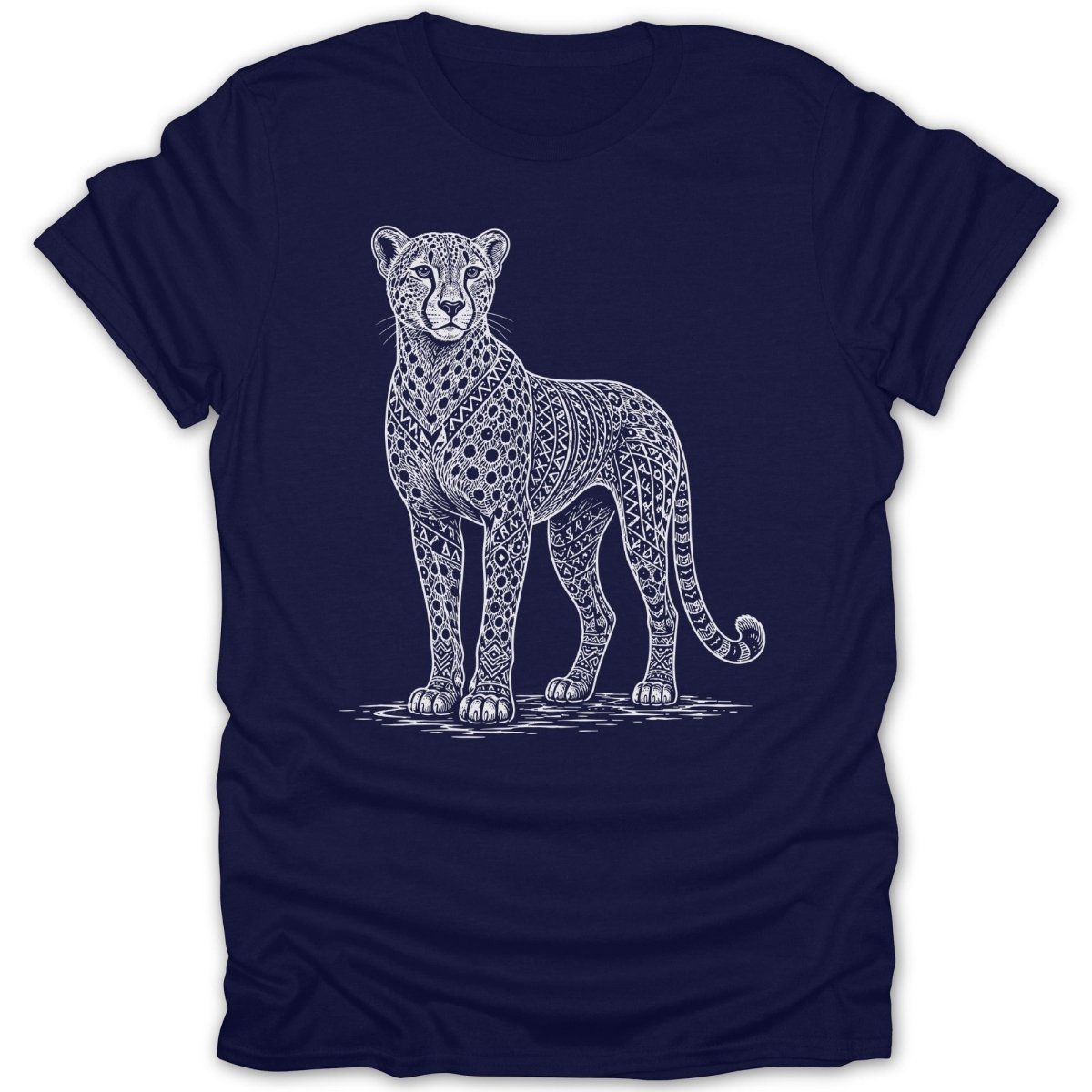 White line art cheetah with intricate patterns on navy blue t-shirt.