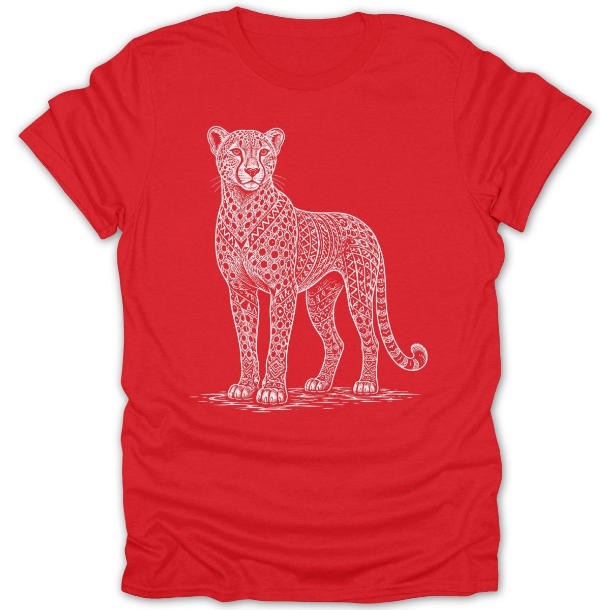 White cheetah with intricate geometric pattern design on a red t-shirt.