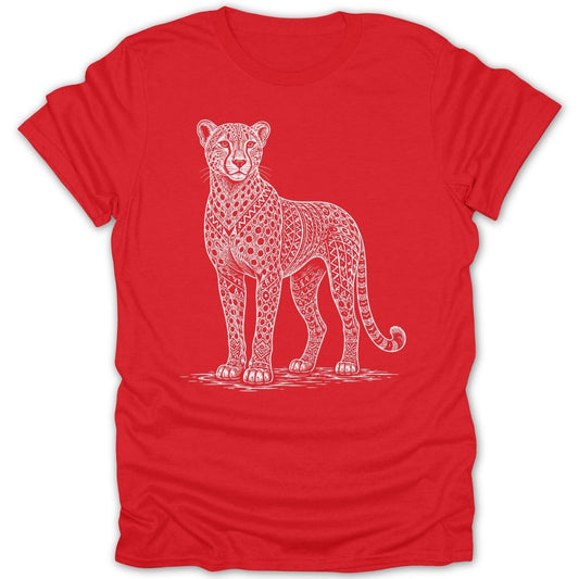 White cheetah with intricate geometric pattern design on a red t-shirt.
