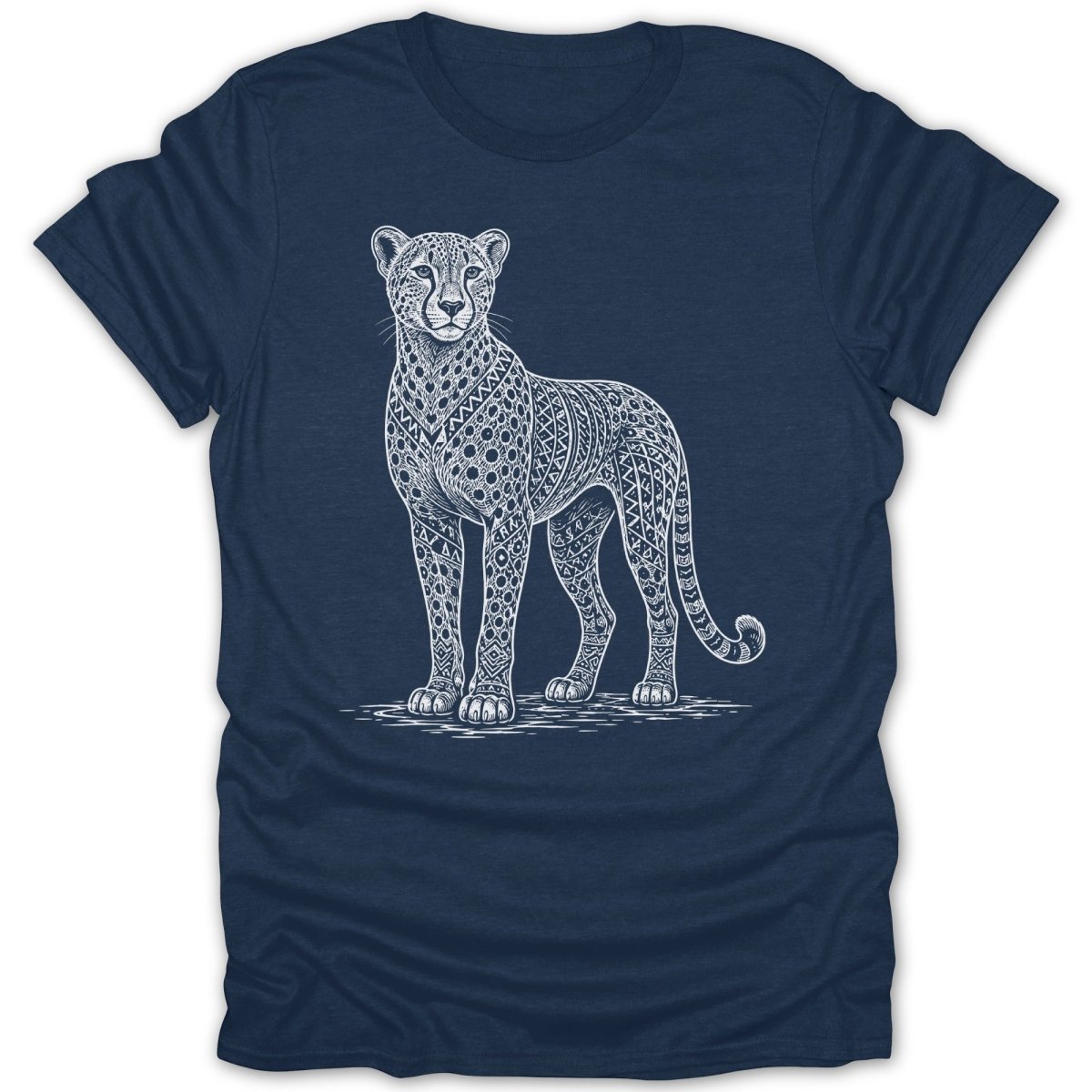 Navy t-shirt with white line art of a patterned cheetah standing.