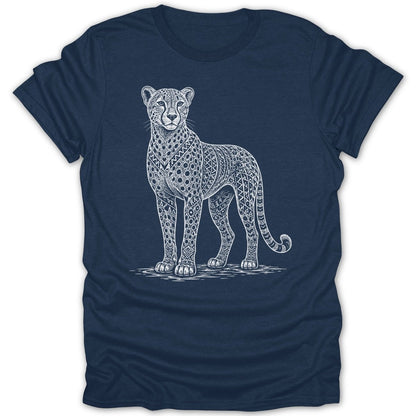 Navy t-shirt with white line art of a patterned cheetah standing.