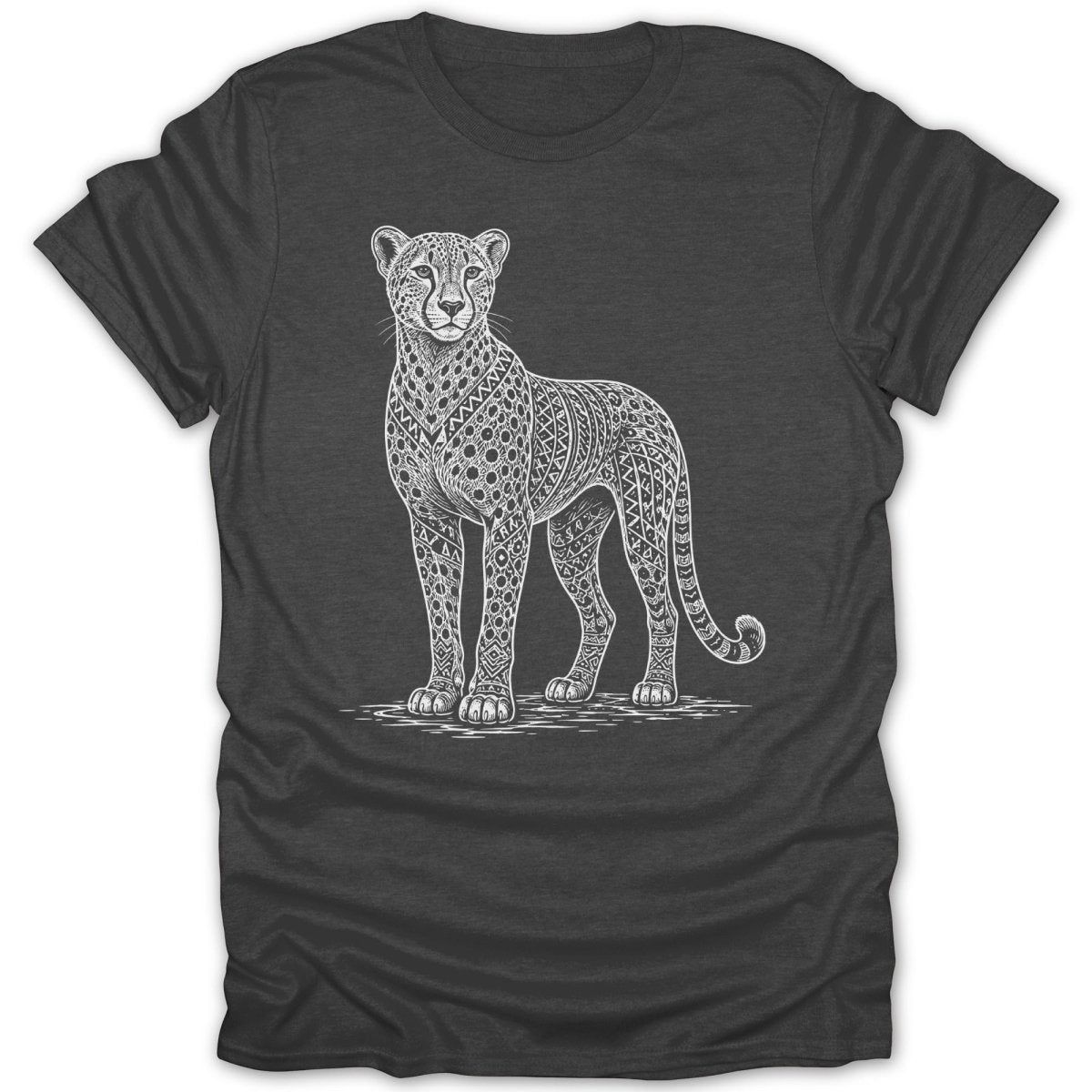 Dark grey t-shirt with white line art of a cheetah with tribal patterned fur.