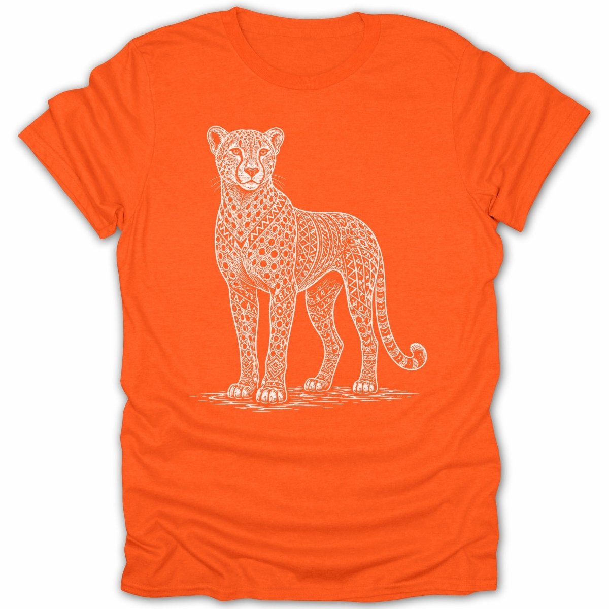 Orange t-shirt with a white line drawing of a cheetah featuring tribal patterns.