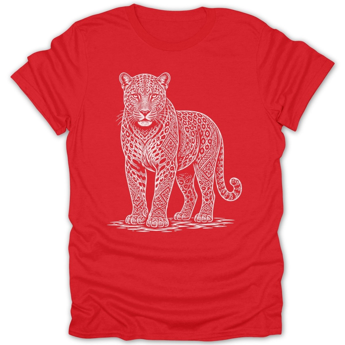 Red t-shirt with white tribal leopard graphic.