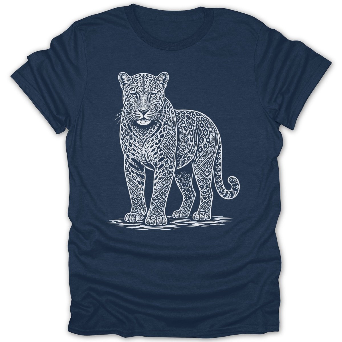 Navy t-shirt with a white line drawing of a patterned jaguar.