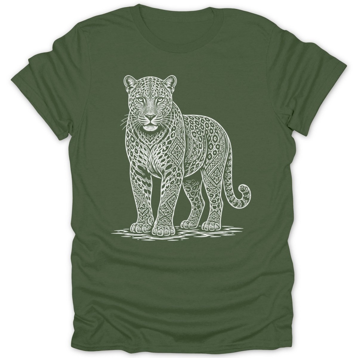 Green t-shirt with a white line drawing of a jaguar with intricate patterns.