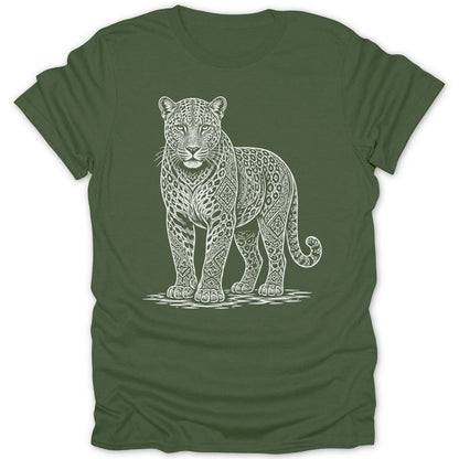 Green t-shirt with a white line drawing of a jaguar with intricate patterns.