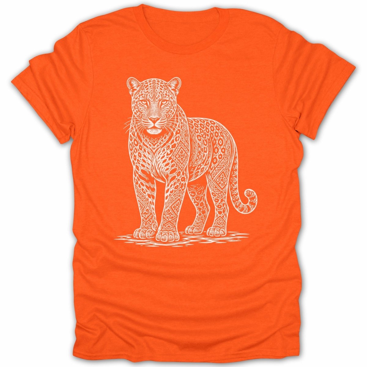 Orange t-shirt with a white line drawing of a stylized leopard.