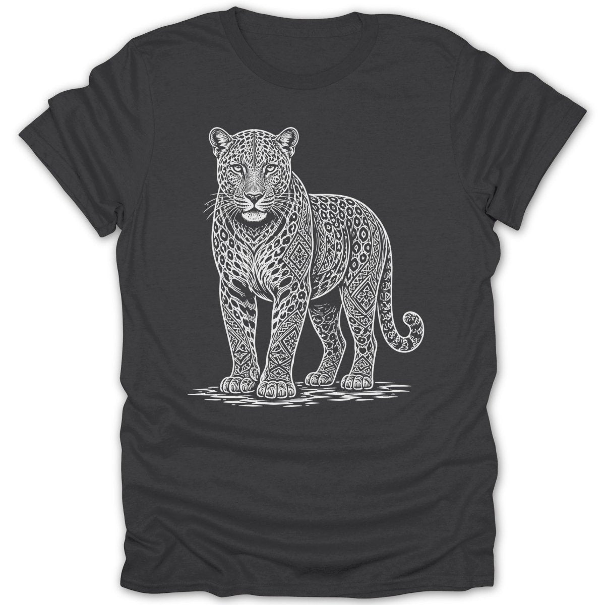 White tribal pattern jaguar design on a dark gray t-shirt.