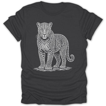 White tribal pattern jaguar design on a dark gray t-shirt.