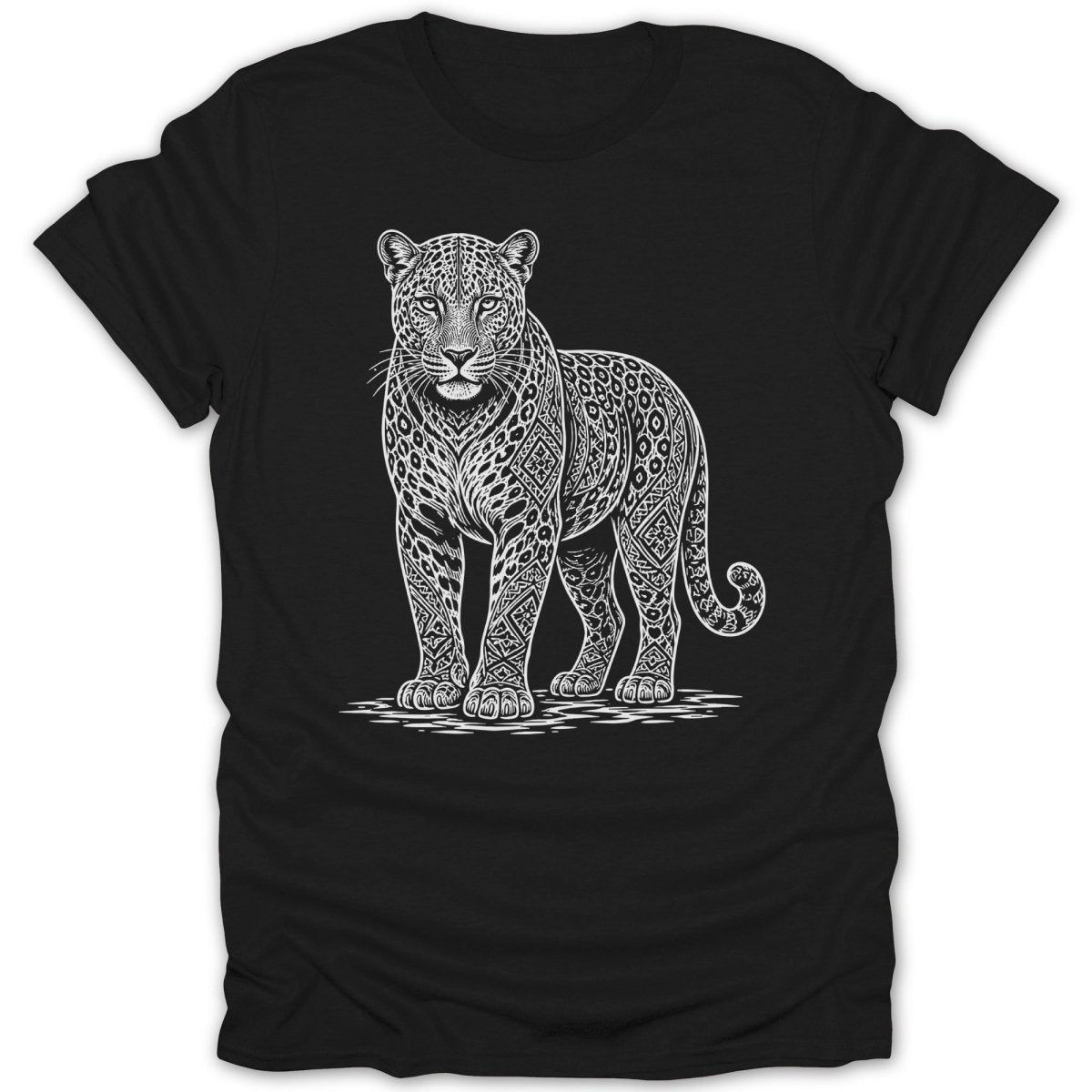 Black t-shirt with a white line drawing of a leopard with intricate patterns.