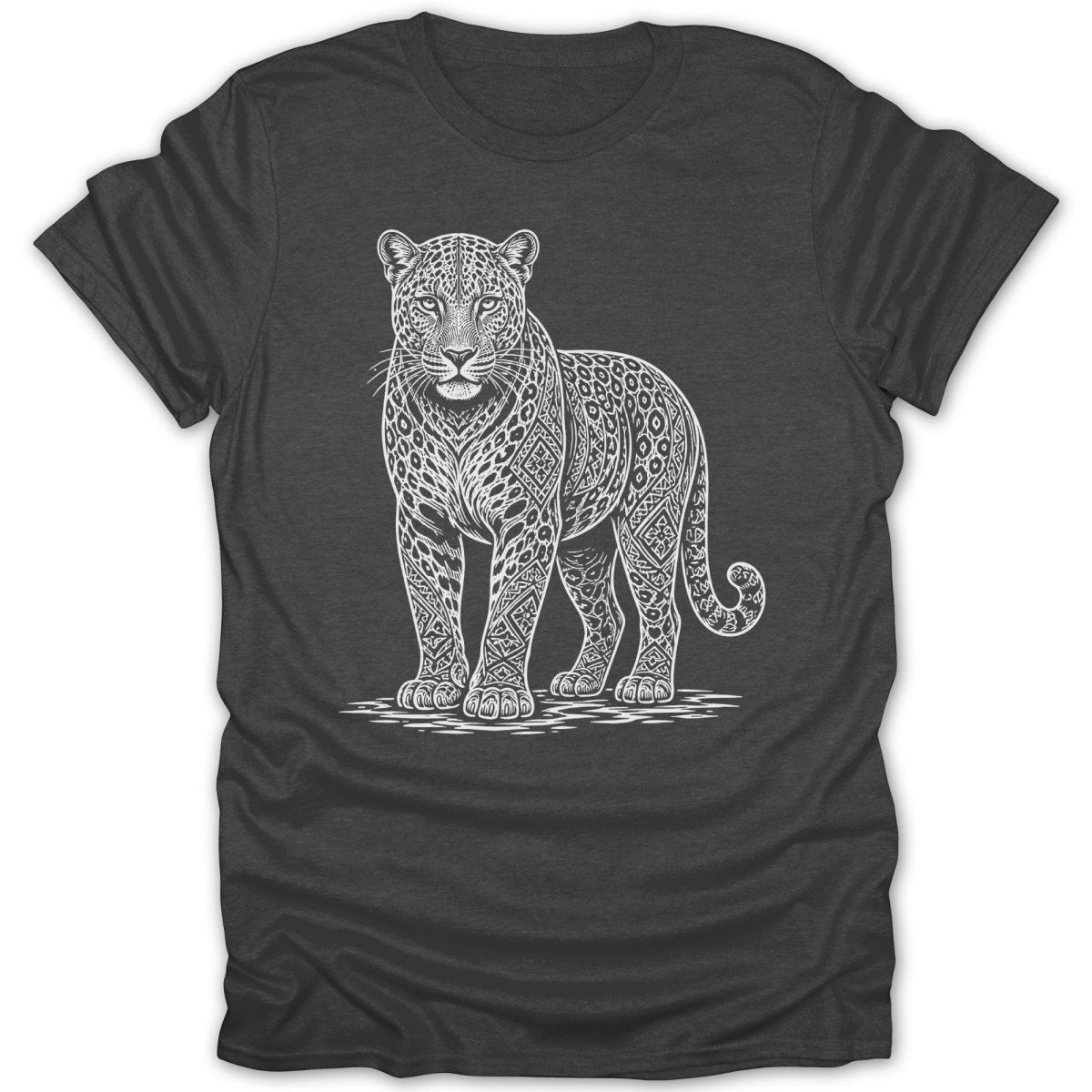 Detailed white ink drawing of a patterned leopard on a dark grey t-shirt.