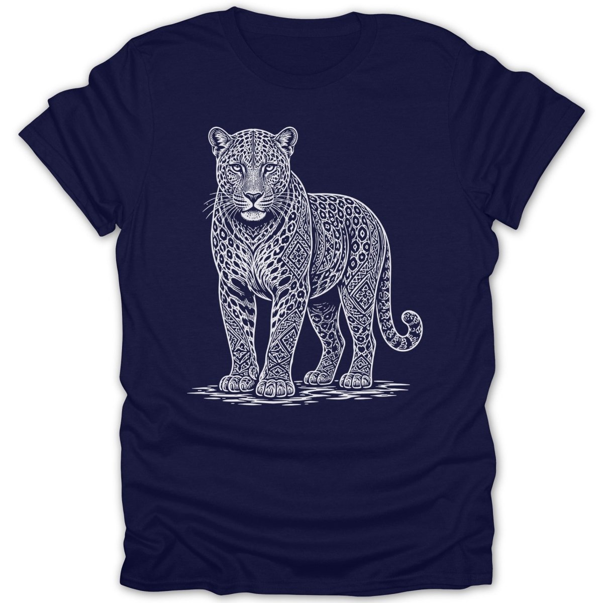 Dark navy t-shirt with a white ornate leopard illustration in the center.