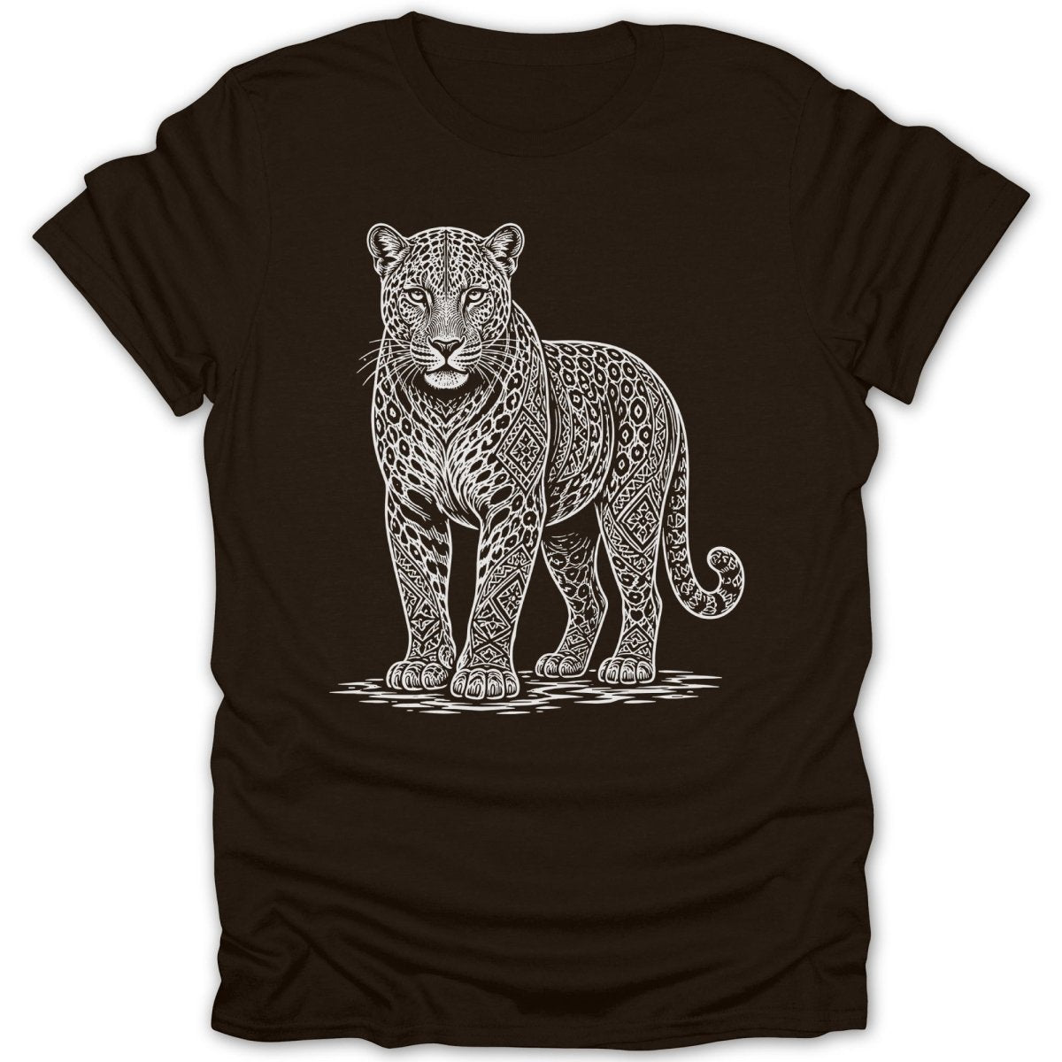 Brown t-shirt with a white line drawing of a jaguar with ornate patterned markings.