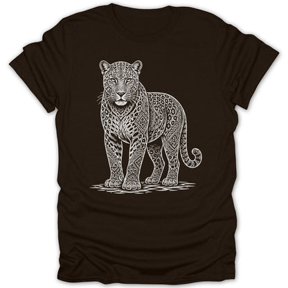 Brown t-shirt with a white line drawing of a jaguar with ornate patterned markings.