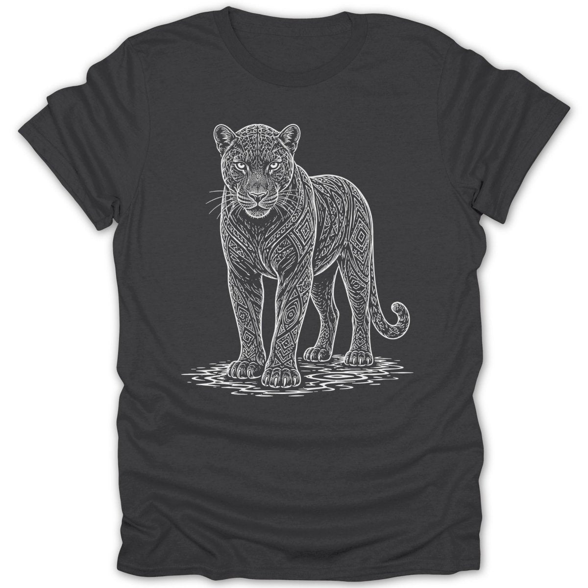 Dark grey t-shirt featuring a white line art panther with geometric patterns.