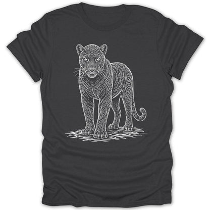 Dark grey t-shirt featuring a white line art panther with geometric patterns.