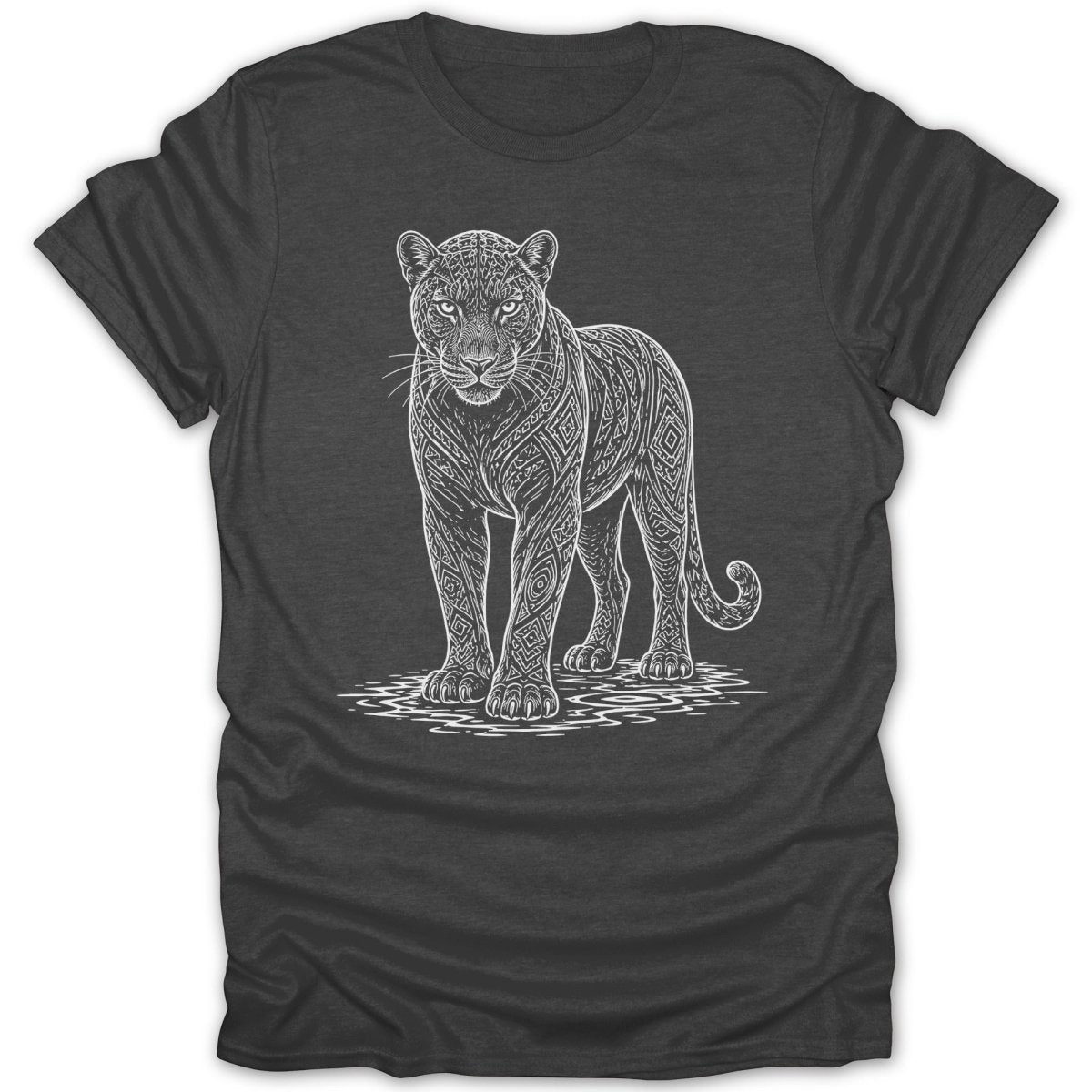 Dark t-shirt with front graphic of a black panther with tribal patterns.