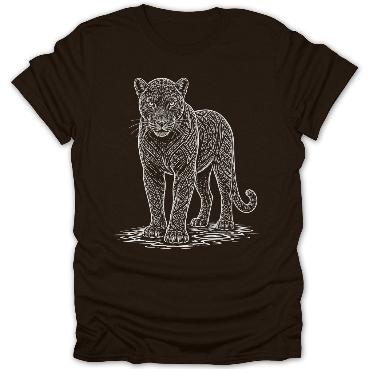 Black t-shirt with a white line drawing of a panther with ornamental patterns.