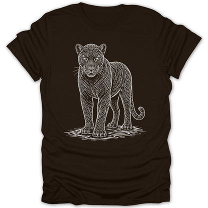 Black t-shirt with a white line drawing of a panther with ornamental patterns.