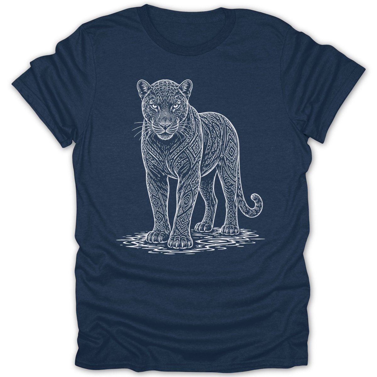 T-shirt with white line art of a patterned panther standing on water.