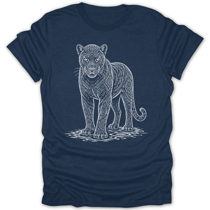 T-shirt with white line art of a patterned panther standing on water.