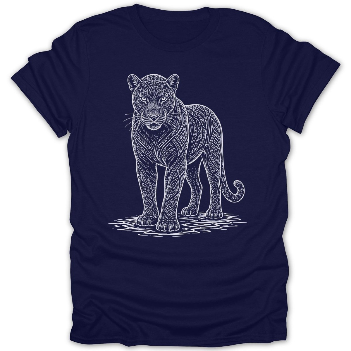 Navy t-shirt with white line art of a jaguar covered in geometric patterns.