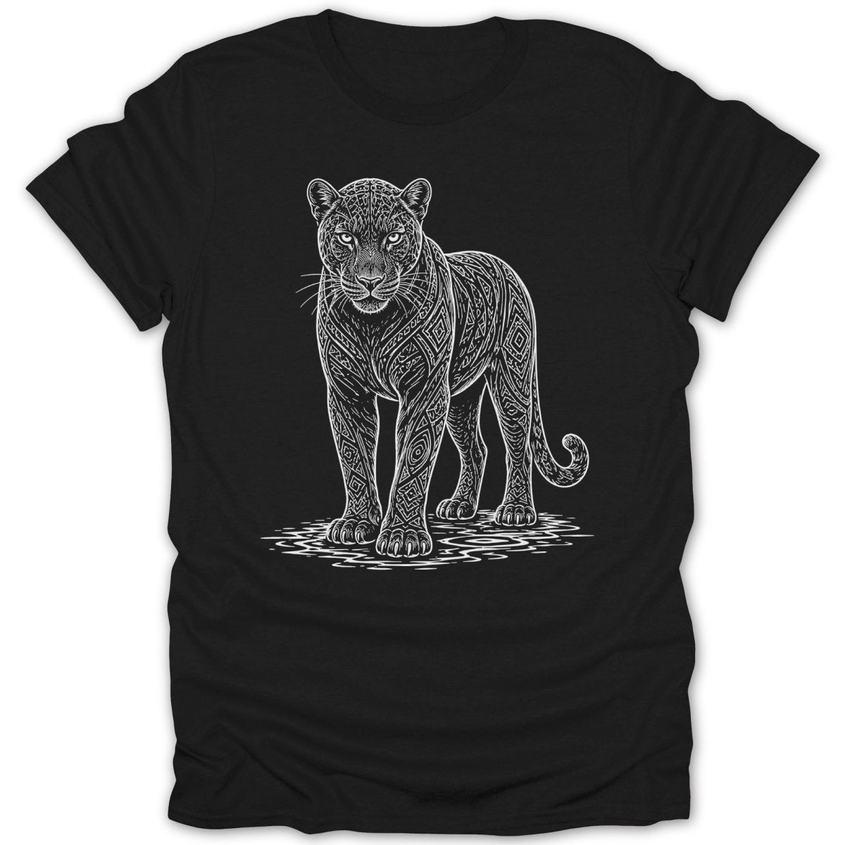 Black t-shirt with a white line drawing of a patterned panther.