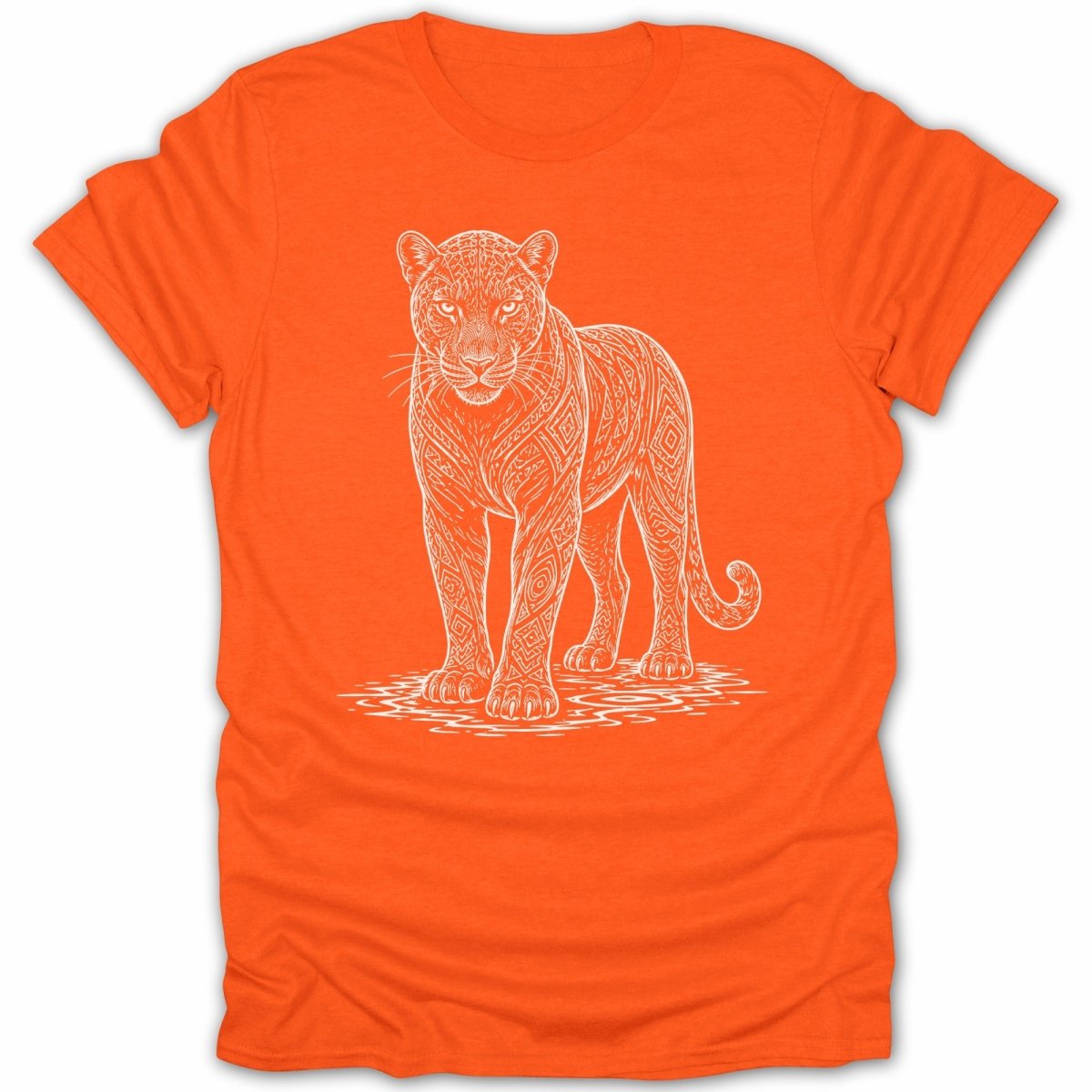 Orange t-shirt with a white line drawing of a jaguar with ornate geometric patterns.
