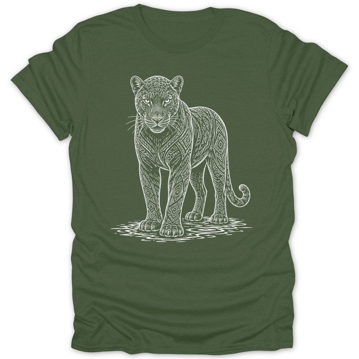 Green t-shirt with white line art of a jaguar with geometric patterns.