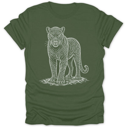Green t-shirt with white line art of a jaguar with geometric patterns.