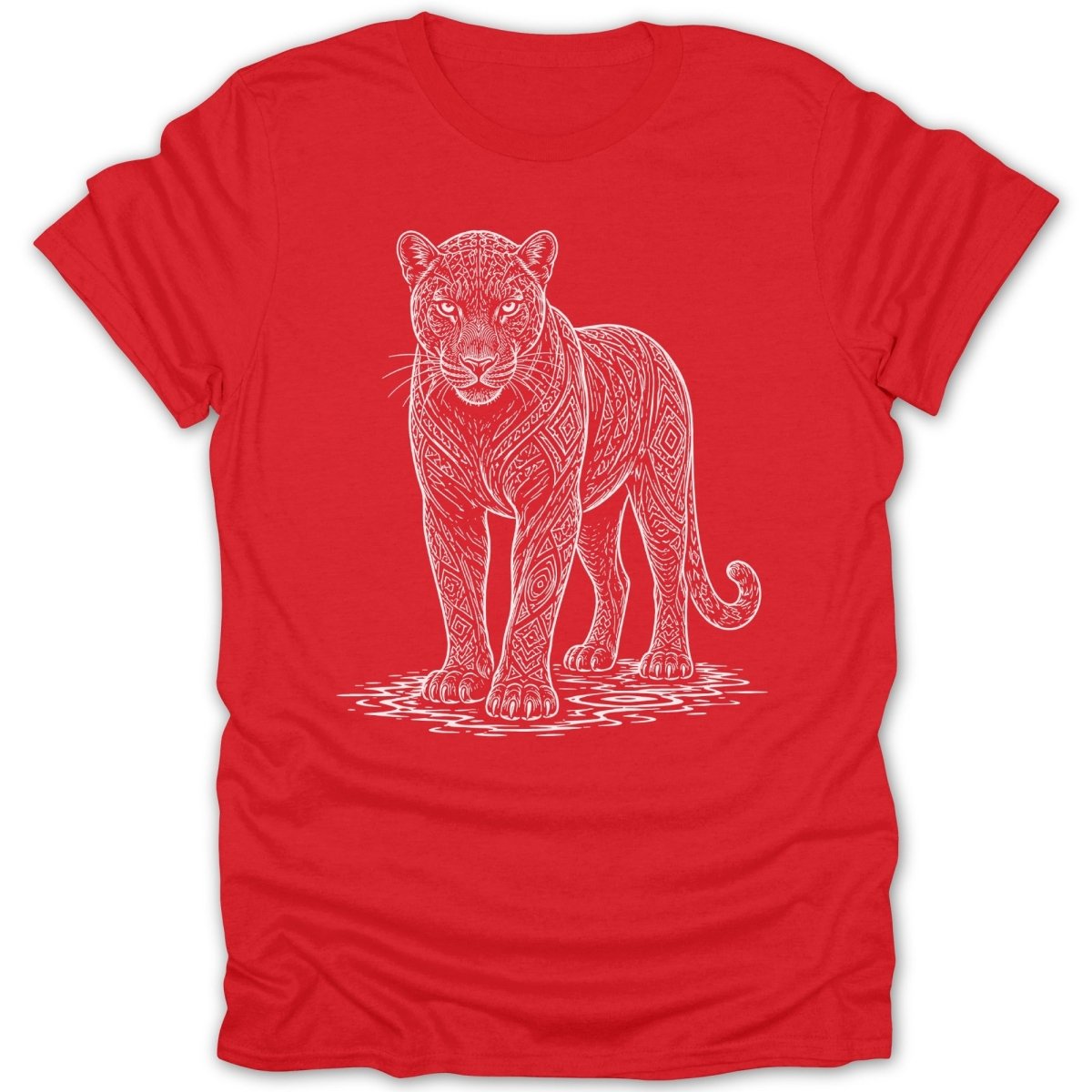 Red t-shirt with a white line drawing of a jaguar with intricate geometric patterns.