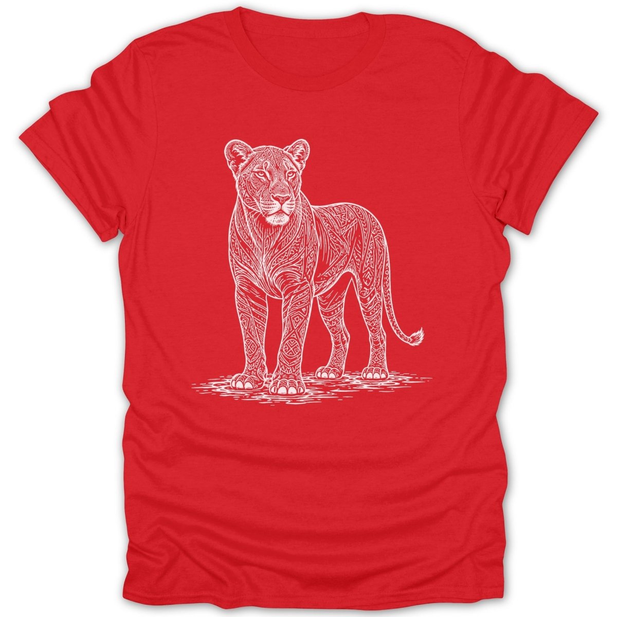 White line art lion with geometric patterns on a red t-shirt.