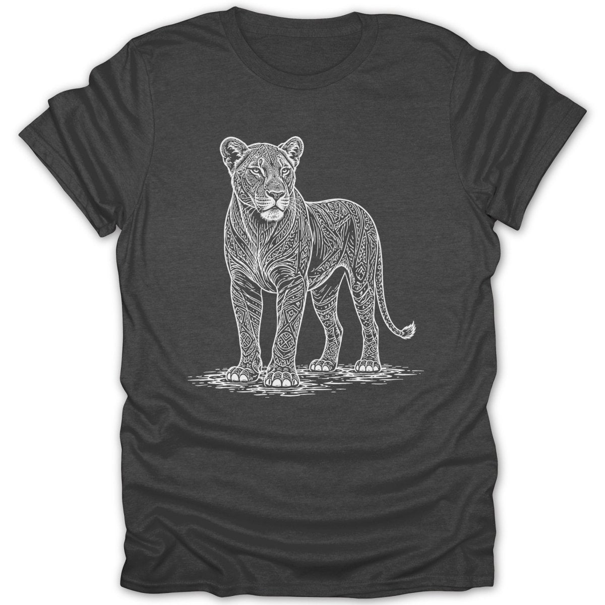 Dark grey t-shirt with white line art of a lioness with intricate patterns.