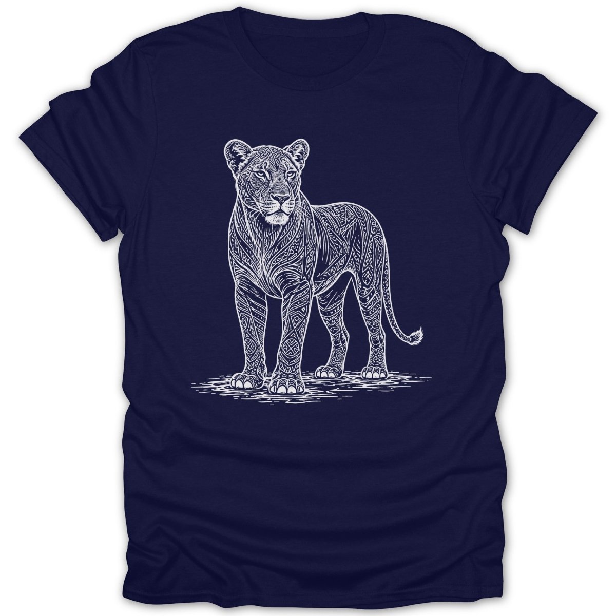Navy t-shirt with a white ornamental lion linocut design.