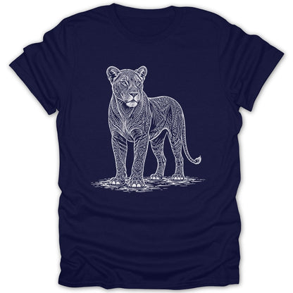 Navy t-shirt with a white ornamental lion linocut design.