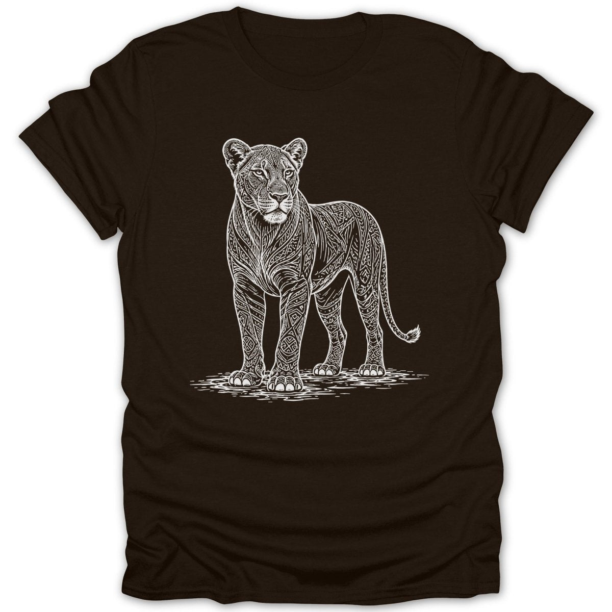 Brown t-shirt with white intricate lioness illustration.
