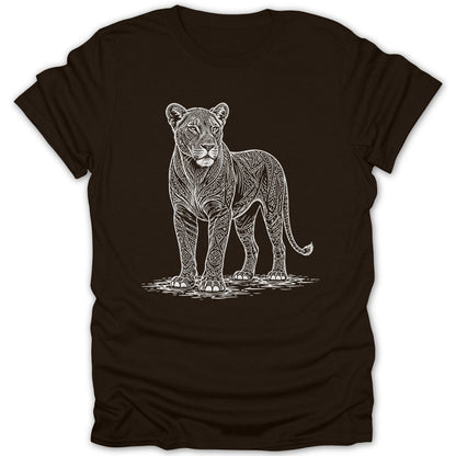Brown t-shirt with white intricate lioness illustration.