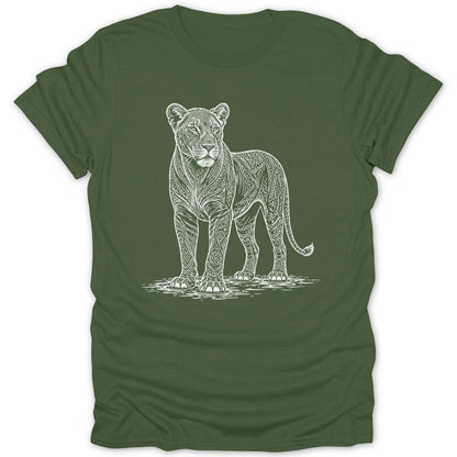 White line art of a lioness with intricate patterns on a green t-shirt.