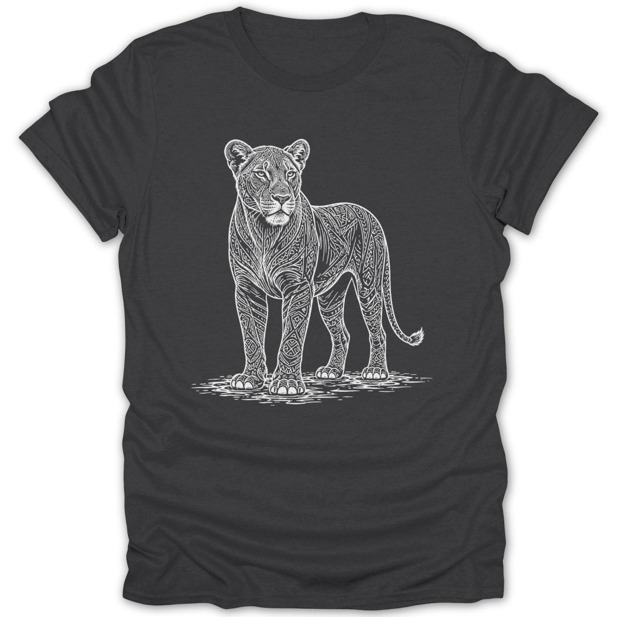 White line art of a lioness with intricate patterns stands on a dark t-shirt.