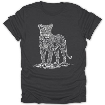 White line art of a lioness with intricate patterns stands on a dark t-shirt.