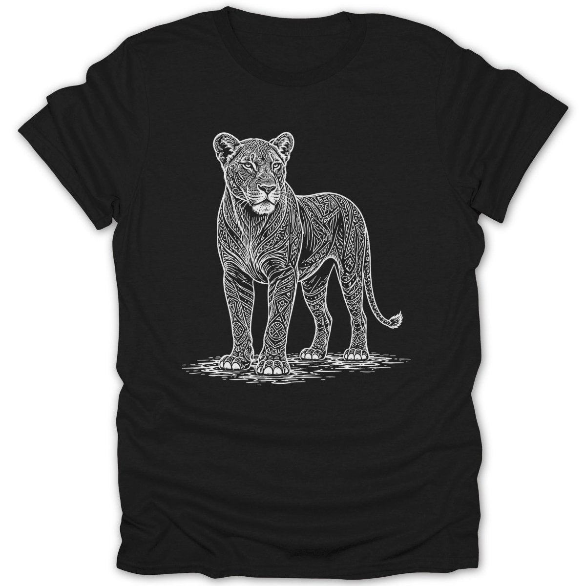 Black t-shirt with white line art of a lioness with intricate tribal patterns.
