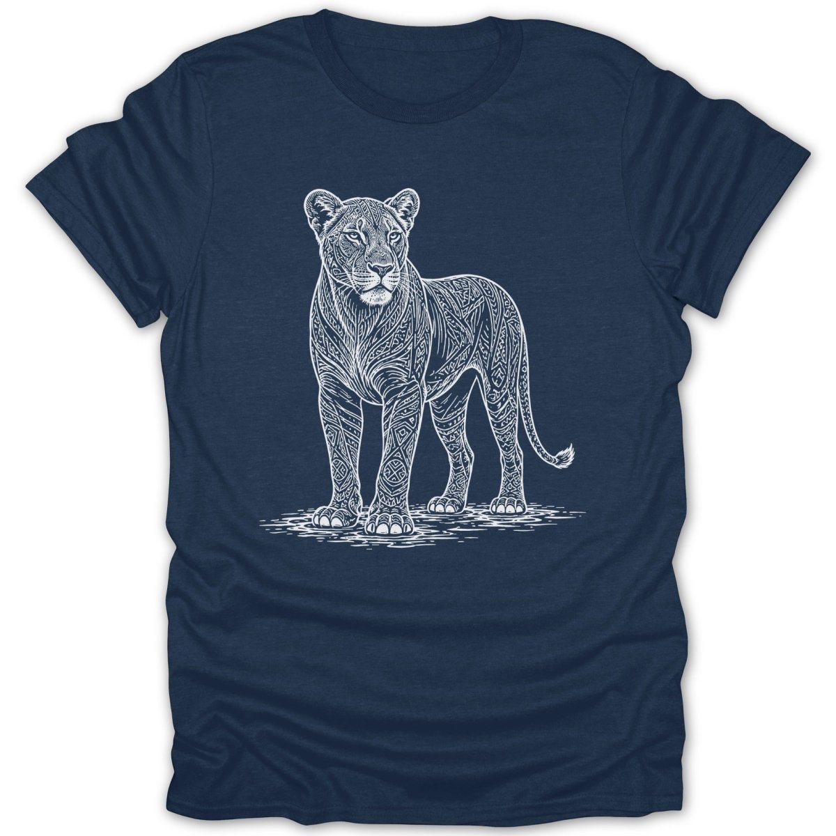 Navy t-shirt with a white line drawing of a lioness with intricate patterns on its body.